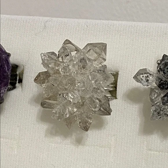 Herkimer Black & White Energy Healer Crystal Cluster Silver Statement Ring - Picture 2 of 7